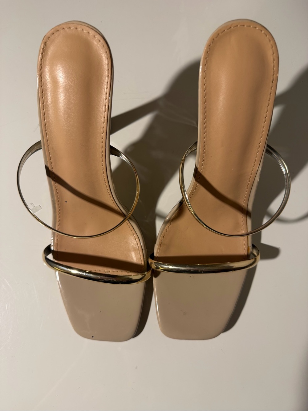 Nude Open-Toe Slide Heels with Gold Hoops